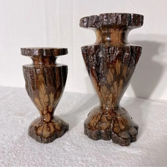 Vintage  Wabi-Sabi Hand Turned Live Edge Chrysanthemum Wood Vase Candle Holders - Picture 2 of 16